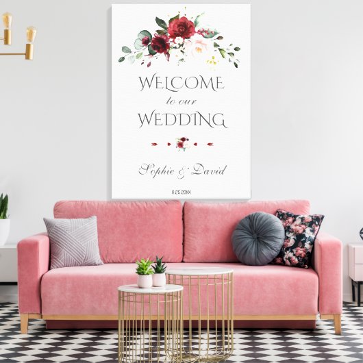 Burgundy Blush Floral Welcome Weddenschap Canvas Afdruk (Insitu (Woonkamer))