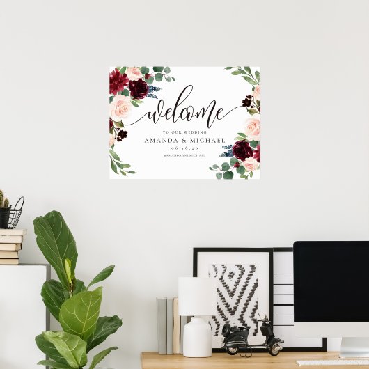 Burgundy Blush Floral Welcome Weddenschap Poster (Thuiskantoor)