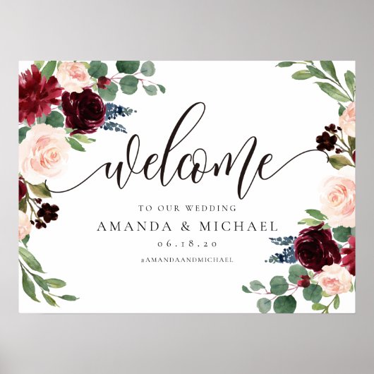 Burgundy Blush Floral Welcome Weddenschap Poster (Voorkant)
