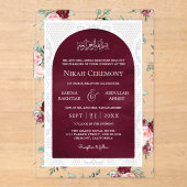 Burgundy Blush Floral White Lace Muslim Wedding Acryl Uitnodigingen (Voorkant)