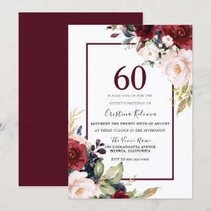 Burgundy Blush Floral Womans Mannen 60th Birthday Kaart