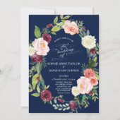 Burgundy Blush Floral Wreath Dark Blue Wedding Kaart (Voorkant)