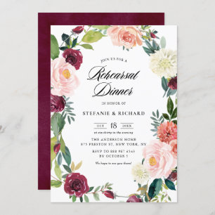 Burgundy Blush Floral Wreath Herfst Rehearsal Dinn Kaart