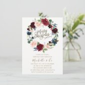 Burgundy & Blush Floral Wreath Kerstparty Kaart (Staand voorkant)