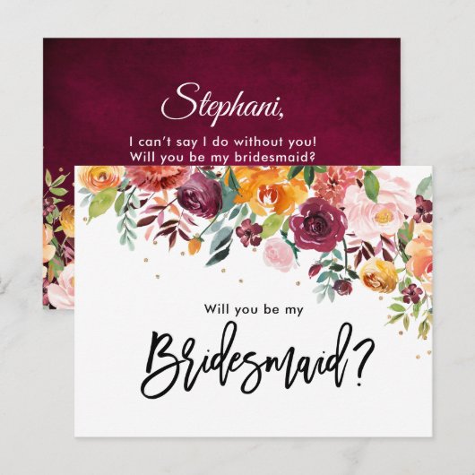 Burgundy Blush Floral zal je mijn Bridesmaid zijn Uitnodiging Briefkaart (Voorkant / Achterkant)