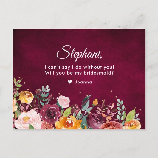 Burgundy Blush Floral zal je mijn Bridesmaid zijn Uitnodiging Briefkaart (Achterkant)