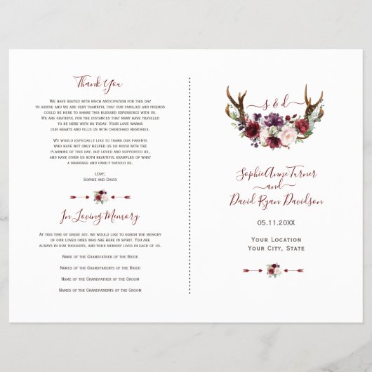 Burgundy Blush Florwers Antlers Weddenschap Flyer (Voorkant)