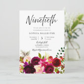 Burgundy & Blush Flowers 90th Birthday Party Kaart (Staand voorkant)