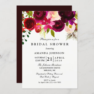 Burgundy Blush Flowers Bridal Shower Kaart