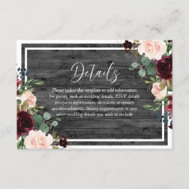 Burgundy & Blush Flowers Charcoal Wood Weddenschap Informatiekaartje