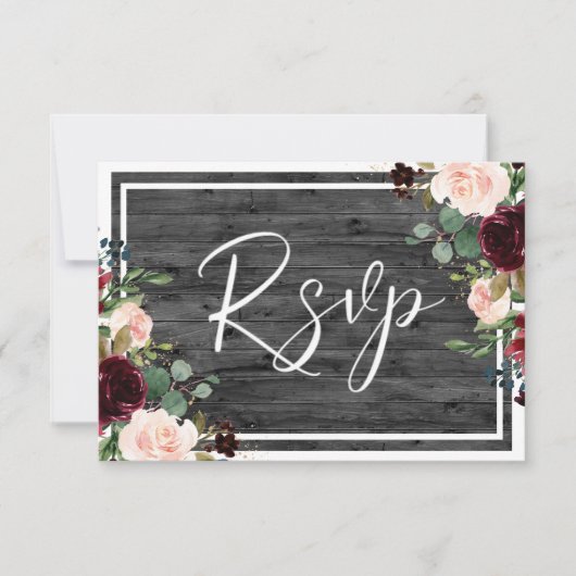 Burgundy & Blush Flowers Charcoal Wood Weddenschap RSVP Kaartje (Voorkant)