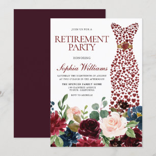 Burgundy Blush Flowers Dress Retirement Party Kaart