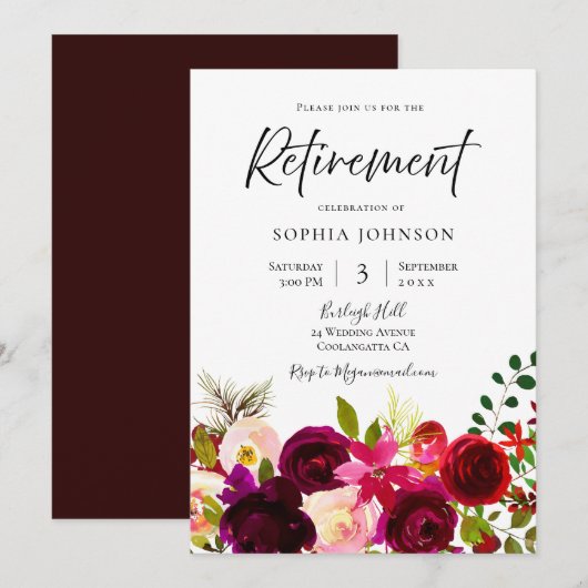 Burgundy & Blush Flowers Elegant Retirement Party Kaart (Voorkant / Achterkant)