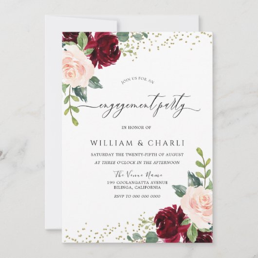 Burgundy & Blush Flowers Glitter Engagement Party Kaart (Voorkant)