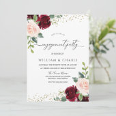 Burgundy & Blush Flowers Glitter Engagement Party Kaart (Staand voorkant)