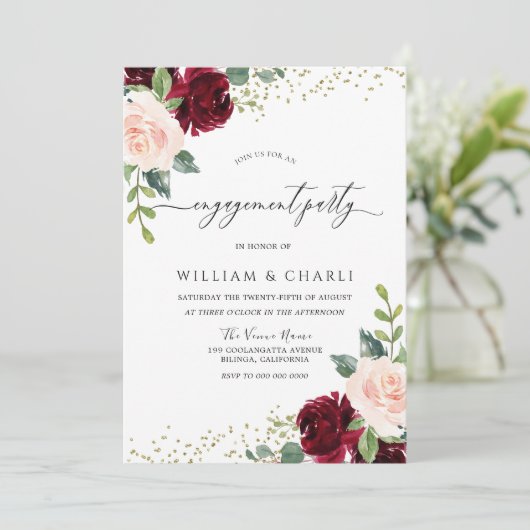 Burgundy & Blush Flowers Glitter Engagement Party Kaart (Staand voorkant)