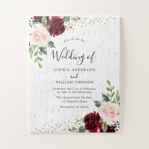 Burgundy & Blush Flowers Glitter Wedding Invitatio Legpuzzel