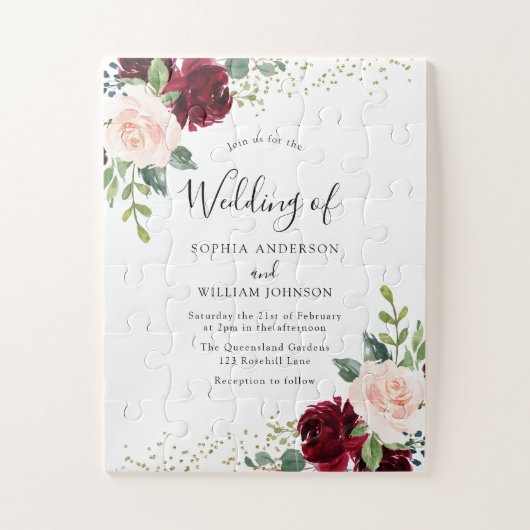 Burgundy & Blush Flowers Glitter Wedding Invitatio Legpuzzel (Verticaal)