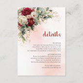 Burgundy blush flowers gold border wedding details informatiekaartje (Voorkant)