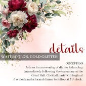 Burgundy blush flowers gold border wedding details informatiekaartje