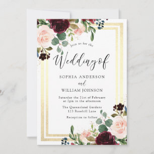 Burgundy Blush Flowers & Gold Border Wedding Kaart