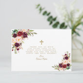 Burgundy Blush Flowers Gold Cross Heilige Communie Bedankkaart (Staand voorkant)