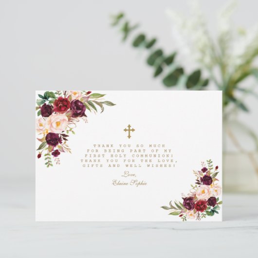 Burgundy Blush Flowers Gold Cross Heilige Communie Bedankkaart (Staand voorkant)