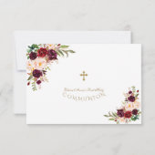Burgundy Blush Flowers Gold Cross Heilige Communie Bedankkaart (Achterkant)