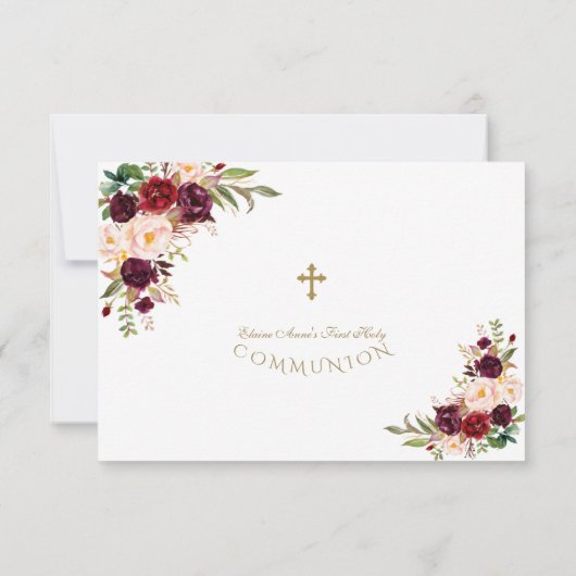Burgundy Blush Flowers Gold Cross Heilige Communie Bedankkaart (Achterkant)