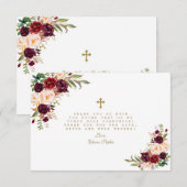 Burgundy Blush Flowers Gold Cross Heilige Communie Bedankkaart (Voorkant / Achterkant)