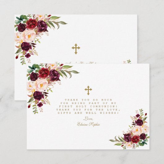 Burgundy Blush Flowers Gold Cross Heilige Communie Bedankkaart (Voorkant / Achterkant)
