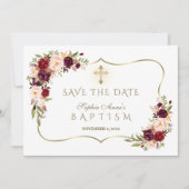 Burgundy Blush Flowers Gold Girl Baptisme Save The Date (Voorkant)