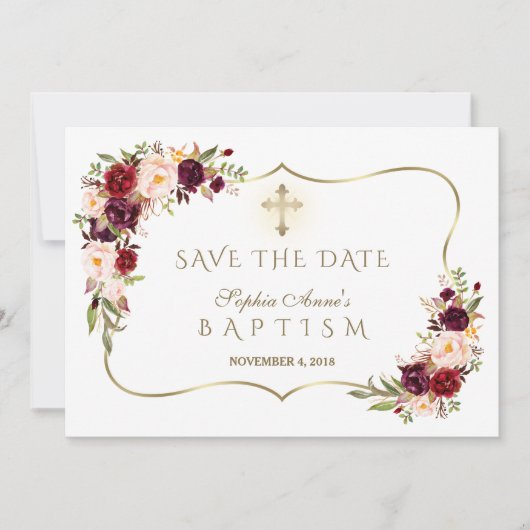 Burgundy Blush Flowers Gold Girl Baptisme Save The Date (Voorkant)