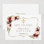 Burgundy Blush Flowers Gold Girl Baptisme Save The Date (Voorkant / Achterkant)