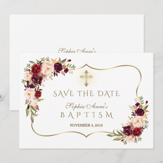 Burgundy Blush Flowers Gold Girl Baptisme Save The Date (Voorkant / Achterkant)