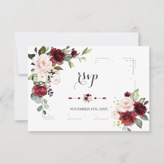 Burgundy Blush Flowers Gold Glitter Lijst Weddensc RSVP Kaartje (Voorkant)