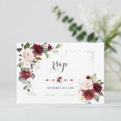 Burgundy Blush Flowers Gold Glitter Lijst Weddensc RSVP Kaartje (Staand voorkant)