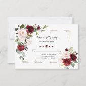 Burgundy Blush Flowers Gold Glitter Lijst Weddensc RSVP Kaartje (Achterkant)