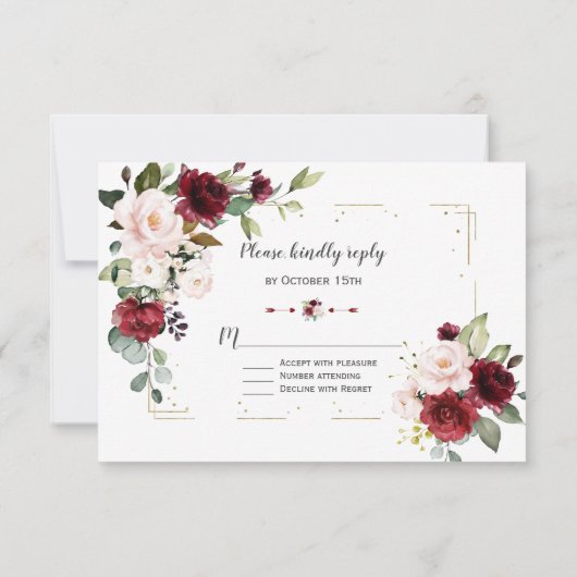 Burgundy Blush Flowers Gold Glitter Lijst Weddensc RSVP Kaartje (Achterkant)