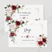 Burgundy Blush Flowers Gold Glitter Lijst Weddensc RSVP Kaartje (Voorkant / Achterkant)