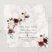 Burgundy Blush Flowers Gold Glitter Marble Wedding Save The Date (Voorkant / Achterkant)