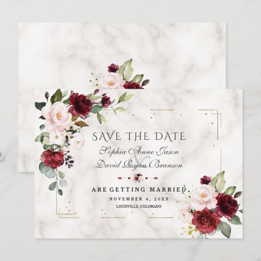 Burgundy Blush Flowers Gold Glitter Marble Wedding Save The Date (Voorkant / Achterkant)