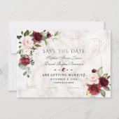 Burgundy Blush Flowers Gold Glitter Marble Wedding Save The Date (Voorkant)
