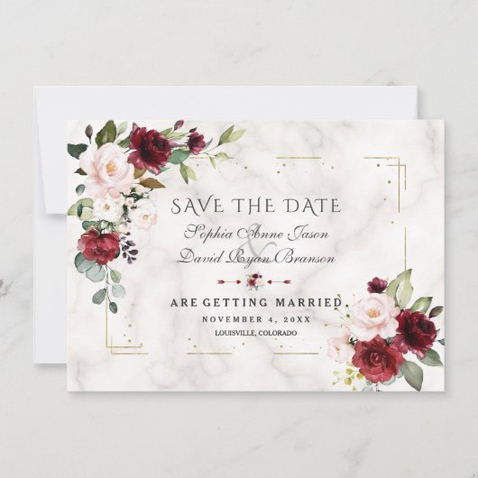Burgundy Blush Flowers Gold Glitter Marble Wedding Save The Date (Voorkant)