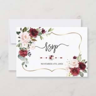 Burgundy Blush Flowers Gold Lijst Weddenschap RSVP Kaartje