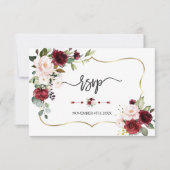 Burgundy Blush Flowers Gold Lijst Weddenschap RSVP Kaartje (Voorkant)