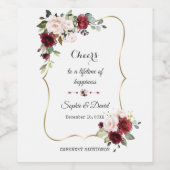 Burgundy Blush Flowers Gold Lijst Weddenschap Wijn Etiket (Enkel label)