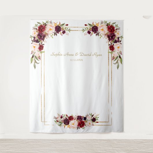 Burgundy Blush Flowers Gold Weddenfoto Booth Wandkleed (Voorkant)