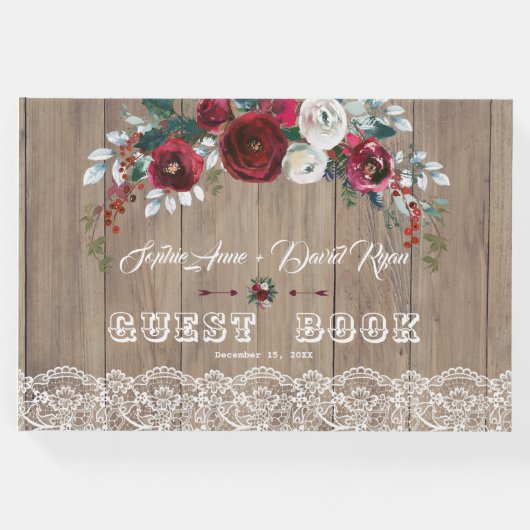 Burgundy Blush Flowers Lace Wood Weddenschap Gastenboek (Voorkant)