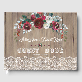 Burgundy Blush Flowers Lace Wood Weddenschap Gastenboek